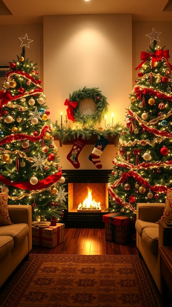 Christmas Tree Decorating Ideas by the Fireplace Two Christmas trees decorated with lights and ornaments beside a fireplace with stockings.